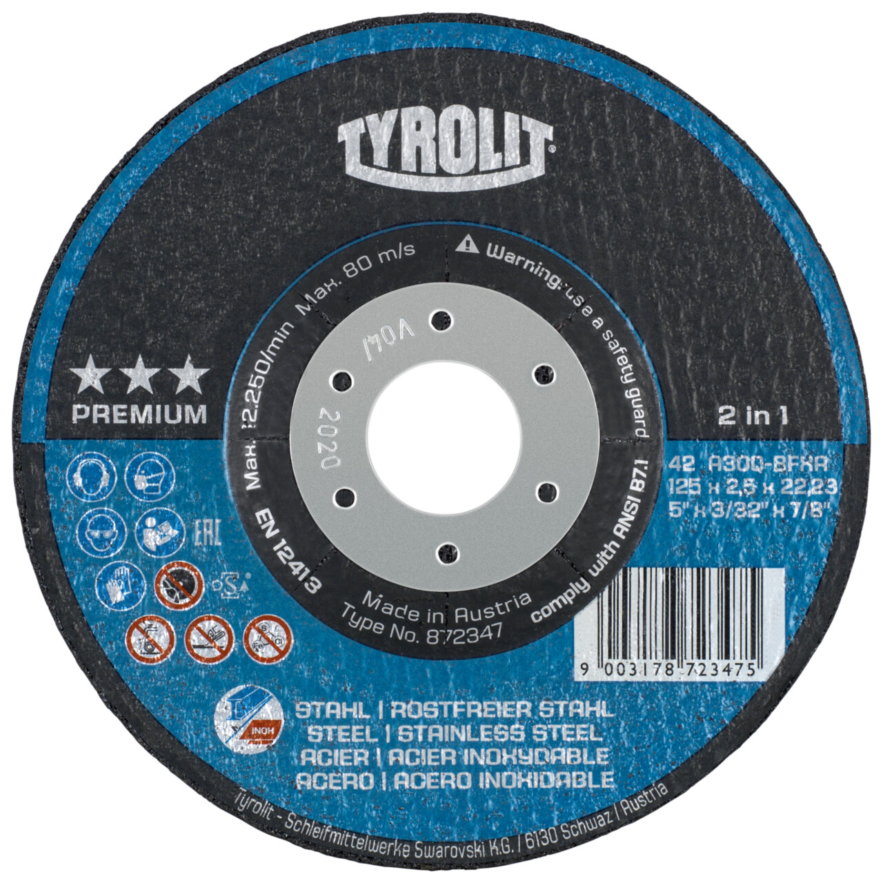 Tyrolit Disco de corte abombado 125x2,5x22,23 A30 PREMIUM acero/inox