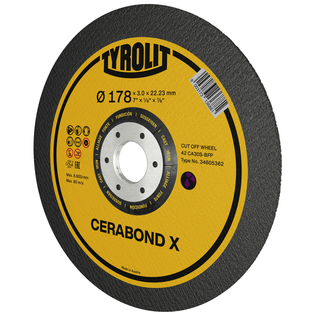 Tyrolit disco de corte CERABOND X abombado 178x3x22,23 mm CA30 fundición