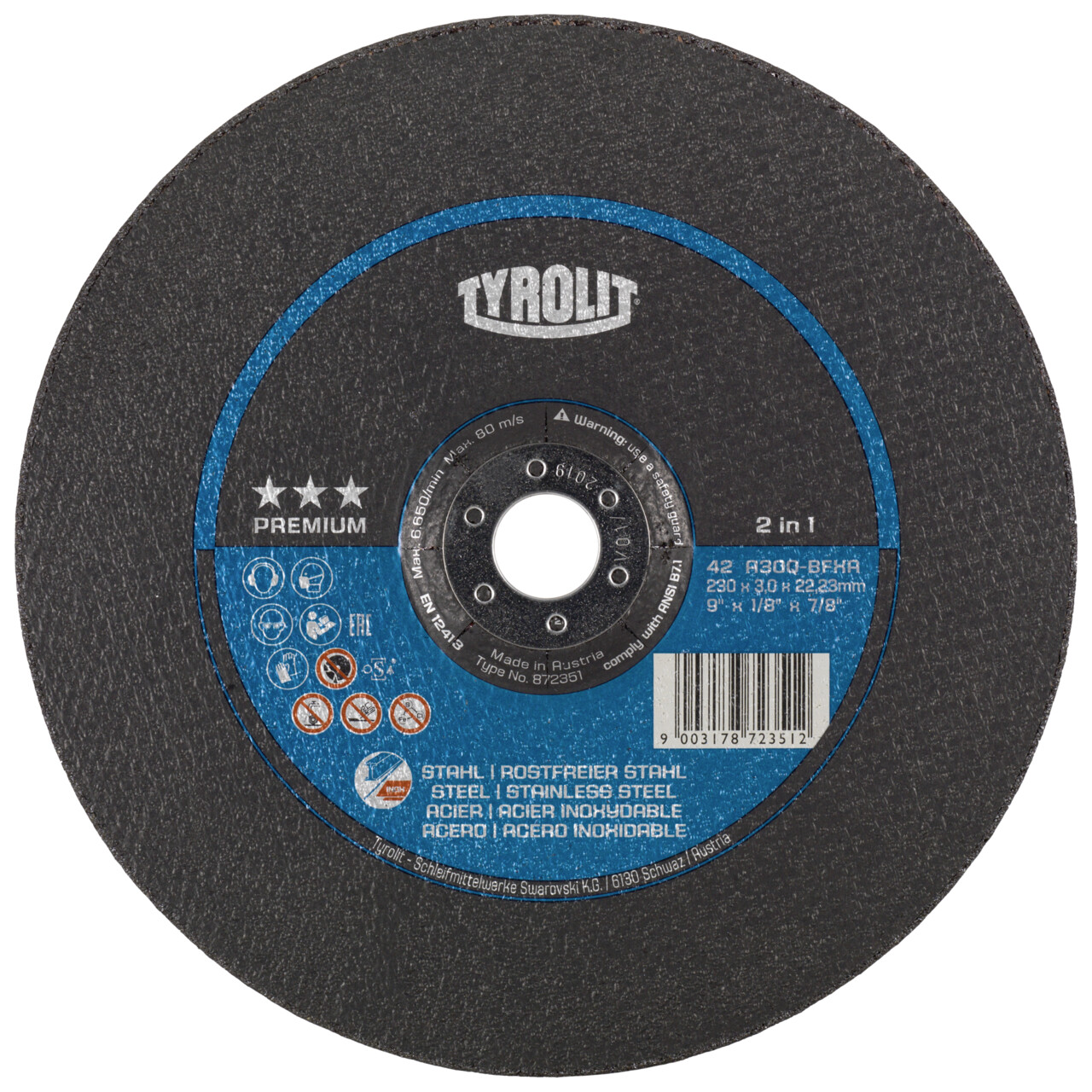 Tyrolit Disco de corte abombado 230x3x22,23 A30 PREMIUM acero/inox