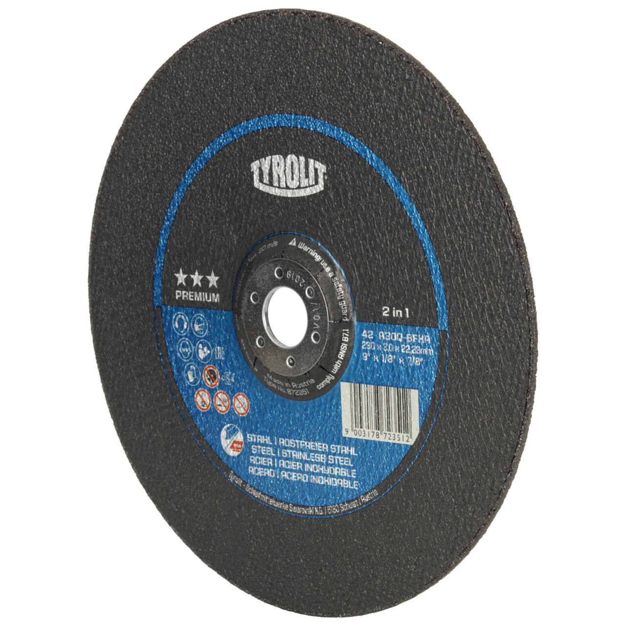 Tyrolit Disco de corte abombado 230x3x22,23 A30 PREMIUM acero/inox