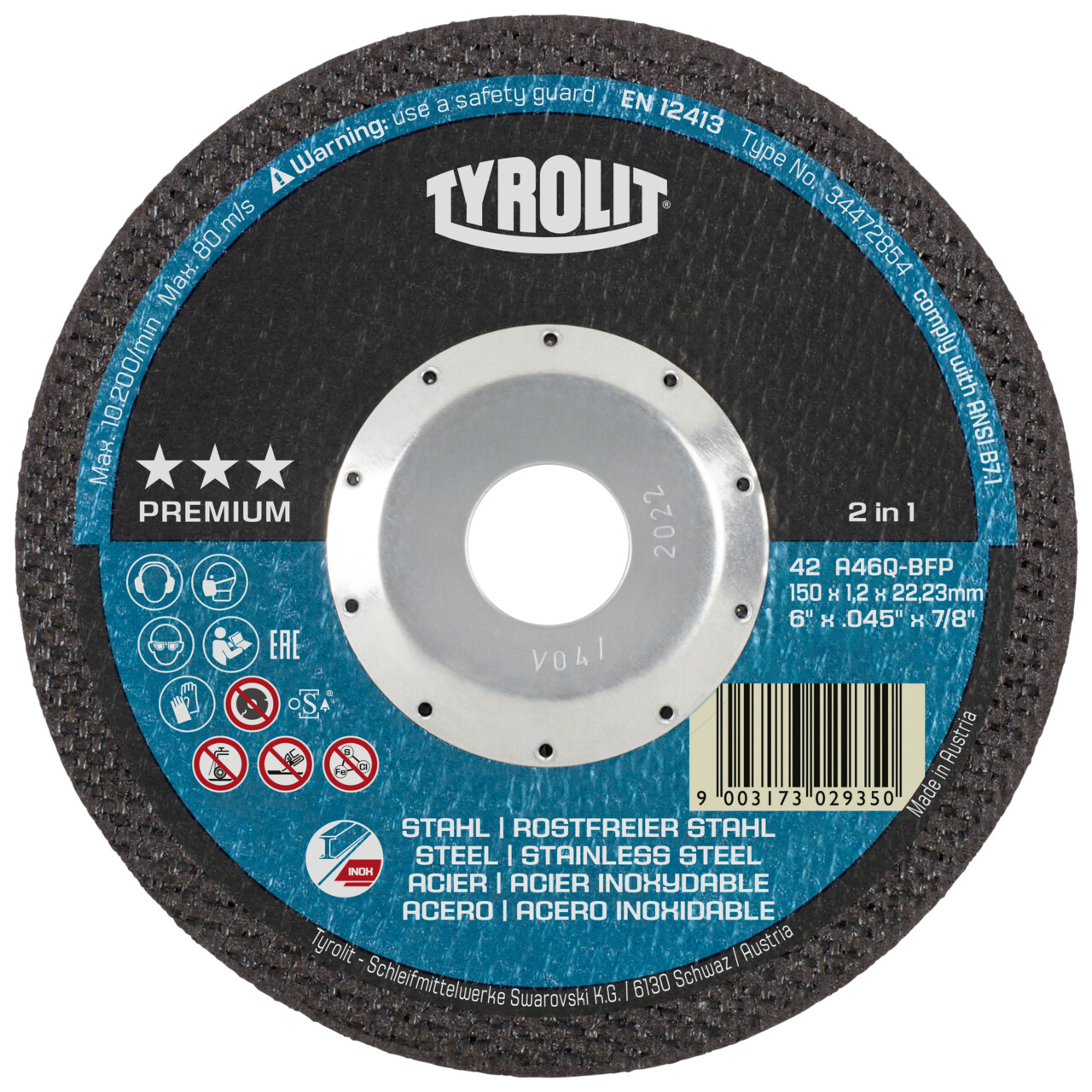 Tyrolit Disco de corte abombado 150x1,2x22,23 A46 PREMIUM acero/inox