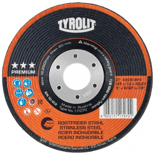 Tyrolit Discos de desbaste para acero inoxidable 125 x 7 #27E 125x7x22,23 A30R-BFX