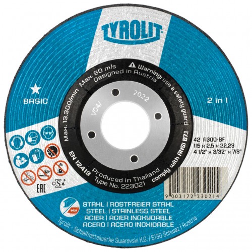 Tyrolit Discos de corte 2in1 para acero y acero inoxidable 115 x 2,5 #42C 115x2,5x22,23 A30Q-BF