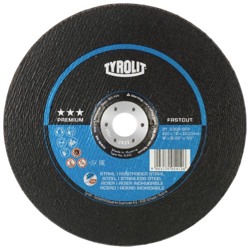 Tyrolit Disco de desbaste FASTCUT 230x7x22,23 mm A30Q PREMIUM acero/inox