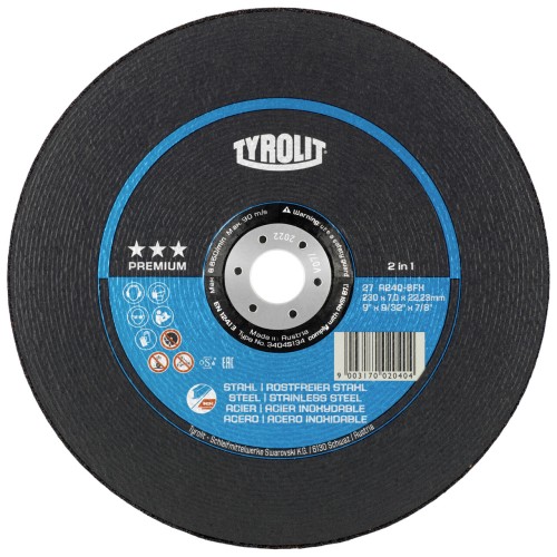 Tyrolit Disco de desbaste 230x7x22,23 mm A24Q PREMIUM acero/inox