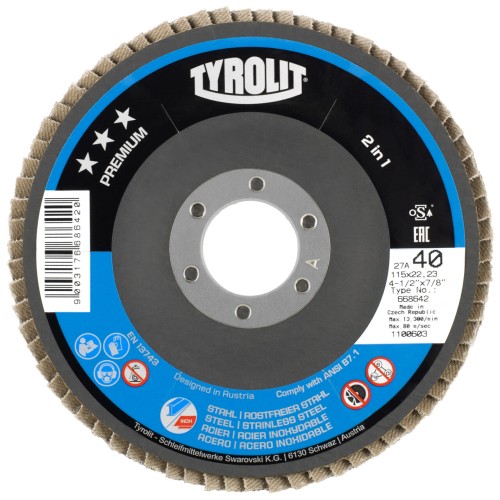 Tyrolit Disco de láminas inclinado 115x22,2 ZA40 PREMIUM acero/inox