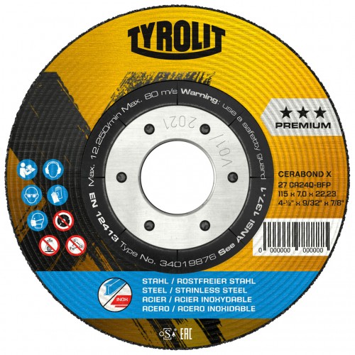 Tyrolit Discos de desbaste CERABOND X para acero y acero inoxidable 115 x 4 #27E 115x4x22,23 CA24Q-BFP