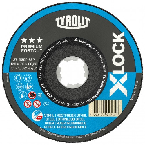 Tyrolit Discos de desbaste X-LOCK para acero y acero inoxidable 125 x 7 #27E 125x7x22,23/XL A30Q-BFP