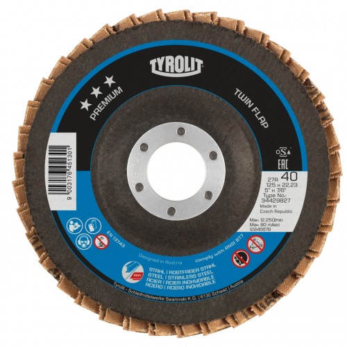Tyrolit Discos de láminas TWINFLAP para acero y acero inoxidable 115 #28SLN 115x22,23 ZACA60Q-B