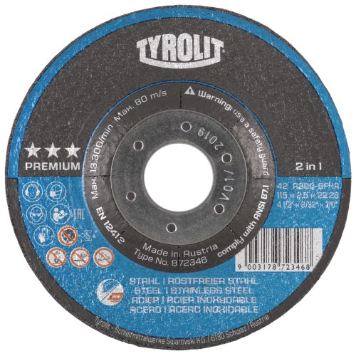 Tyrolit Disco de corte abombado 115x2,5x22,23 A30 PREMIUM acero/inox