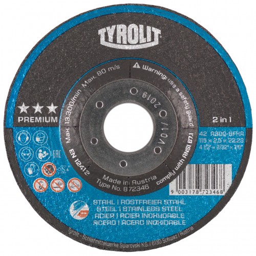 Tyrolit Discos de corte 2in1 para acero y acero inoxidable 115 x 2,5 #42F 115x2,5x22,23 A30Q-BFXA