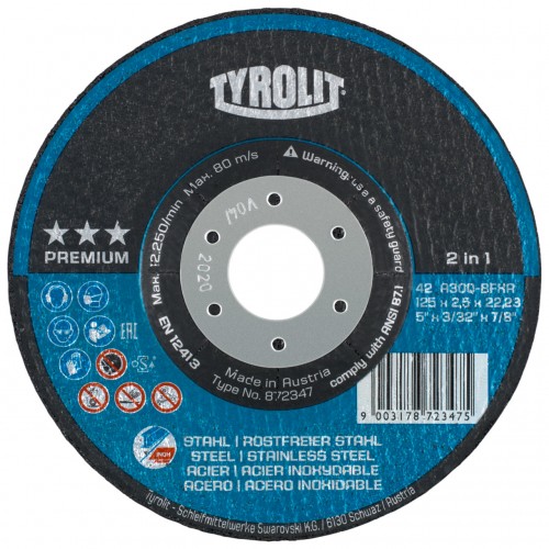 Tyrolit Discos de corte 2in1 para acero y acero inoxidable 125 x 2,5 #42F 125x2,5x22,23 A30Q-BFXA