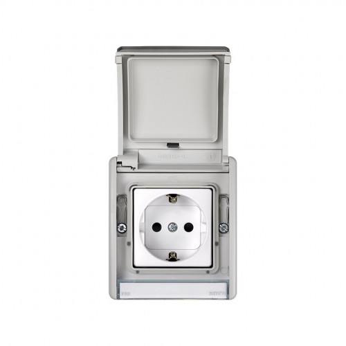 Base de enchufe schuko monobloc 10-16A 250V~ con t.t. lateral con emb. a tornillo para superficie gris Simon Aqua
