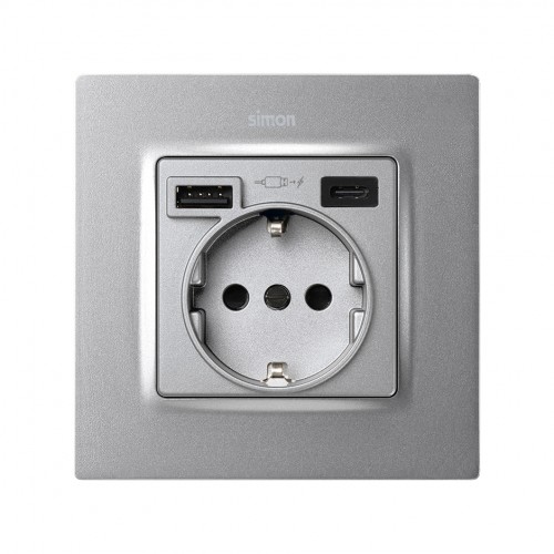 Tapa para la base de enchufe schuko con 2 cargadores USB A + C 10,5W aluminio frio Simon 82