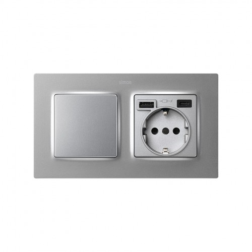 Tapa para la base de enchufe schuko con 2 cargadores USB A + C 10,5W aluminio frio Simon 82