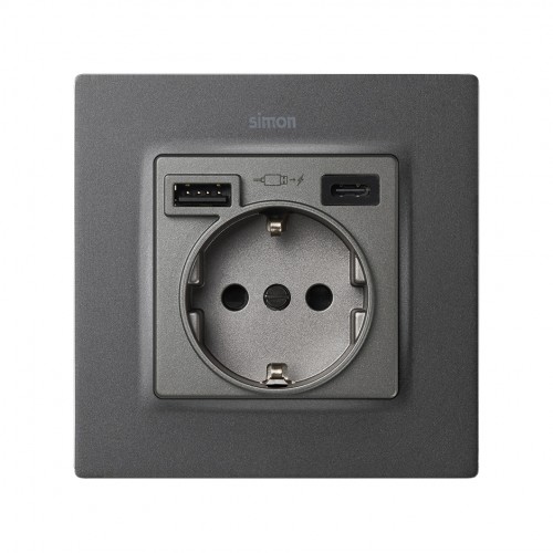 Tapa para la base de enchufe schuko con 2 cargadores USB A + C 10,5W titanio Simon 82 Concept