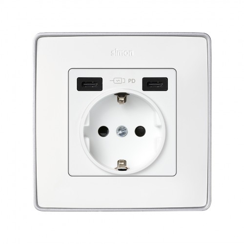 Tapa base enchufe schuko con 2 USB C+C blanco Simon 82