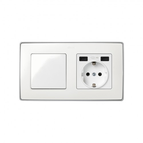 Tapa base enchufe schuko con 2 USB C+C blanco Simon 82