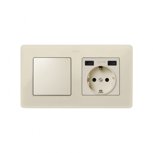 Tapa base enchufe schuko con 2 USB C+C marfil Simon 82