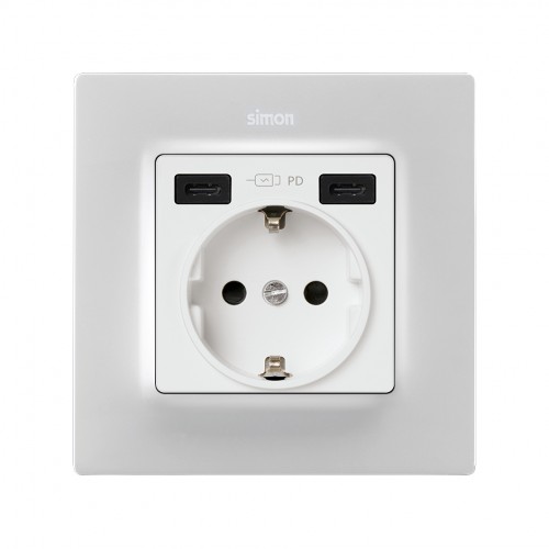 Tapa base enchufe schuko con 2 USB C+C blanco mate Simon 82