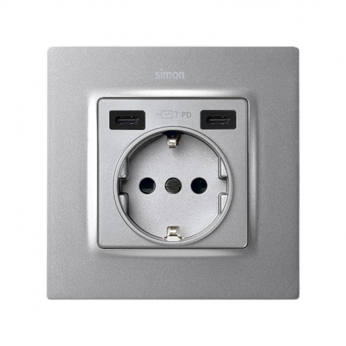 Tapa base enchufe schuko con 2 USB C+C aluminio Simon 82
