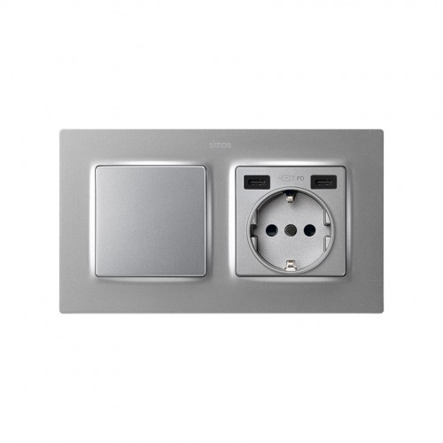 Tapa base enchufe schuko con 2 USB C+C aluminio Simon 82