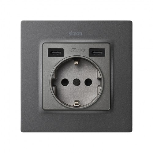 Tapa base enchufe schuko con 2 USB C+C Titanio Simon 82