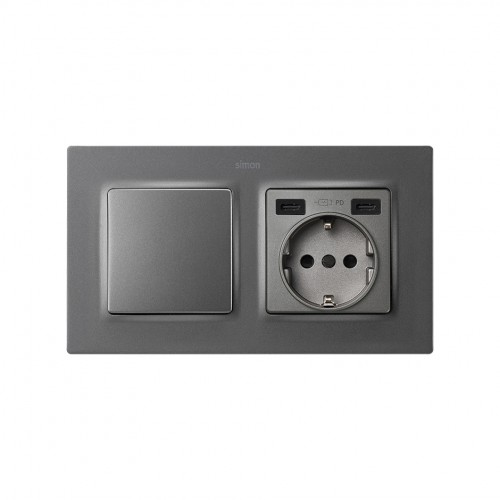 Tapa base enchufe schuko con 2 USB C+C Titanio Simon 82