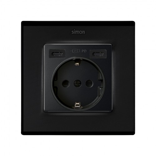 Tapa base enchufe schuko con 2 USB C+C Negro mate Simon 82
