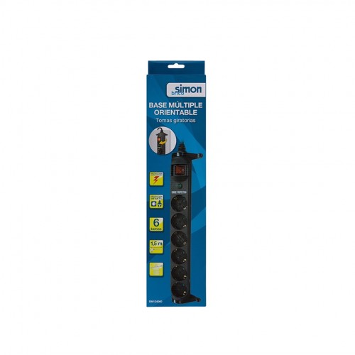 BASE MÚLTIPLE GIRATORIA 6 TOMAS 16A 250V~ NEGRA CON INDICADOR DE PROTECCIÓN Y 1,5M CABLE H05VV-F 3G1,5MM² SIMON BRICO