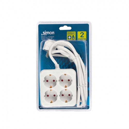 BASE MÚLTIPLE CUADRADA 4 TOMAS BLANCA CON 2 METROS DE CABLE H05VV-F 3G1,5MM² Simon Brico