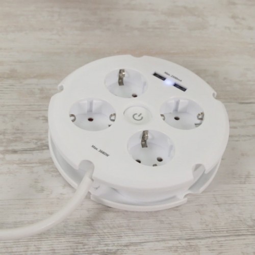 BASE MÚLTIPLE COMBI 4 TOMAS 16A 250V~ Y 2 PUERTOS USB 2,5A BLANCA CON 1,5 METROS DE CABLE H05VV-F 3G1,5MM² SIMON BRICO
