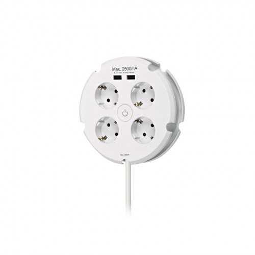 BASE MÚLTIPLE COMBI 4 TOMAS 16A 250V~ Y 2 PUERTOS USB 2,5A BLANCA CON 1,5 METROS DE CABLE H05VV-F 3G1,5MM² SIMON BRICO