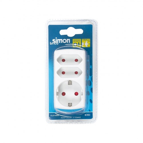 ADAPTADOR 2 TOMAS FRONTAL 10A + 1 TOMA 16A 250V BLANCO SIMON BRICO