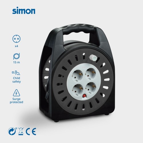EXTENSIBLE DOMÉSTICO 15M H05VV-F 3G1.5MM² 4 TOMAS 16A 230V~ NEGRO/GRIS SIMON