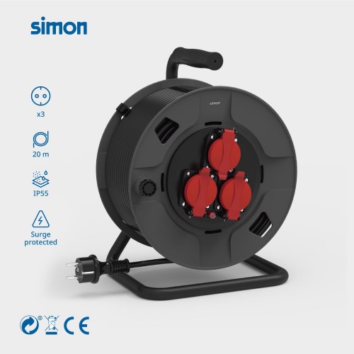 EXTENSIBLE PROFESIONAL 20M IP55 H05RR-F 3G1.5MM² 3 TOMAS 16A 250V~ NEGRO/ROJO SIMON