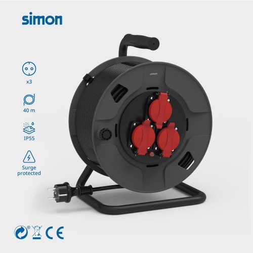 EXTENSIBLE PROFESIONAL 40M IP55 H05RR-F 3G1.5MM² 3 TOMAS 16A 250V~ NEGRO/ROJO SIMON