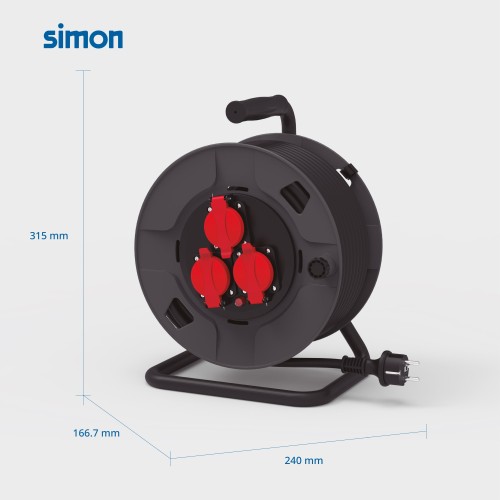 EXTENSIBLE PROFESIONAL 15M IP55 H07RN-F 3G2.5MM² 3 TOMAS 16A 250V~ NEGRO/ROJO SIMON