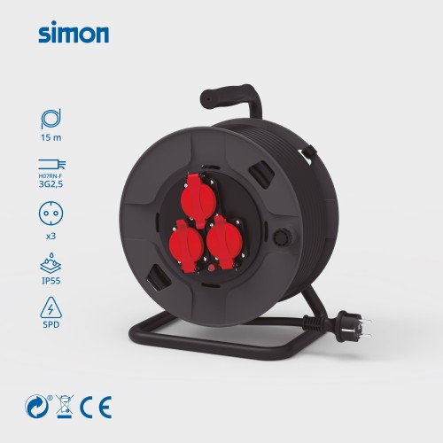 EXTENSIBLE PROFESIONAL 15M IP55 H07RN-F 3G2.5MM² 3 TOMAS 16A 250V~ NEGRO/ROJO SIMON