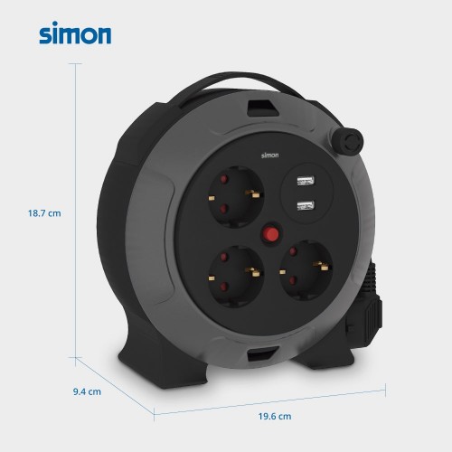 EXTENSIBLE CON USB 5M H05VV-F 3G1.5MM² 3 TOMAS + 2 PUERTOS 16A 250V~ NEGRO/GRIS SIMON
