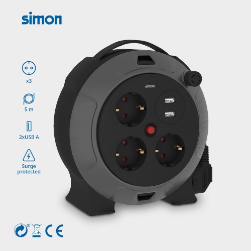 EXTENSIBLE CON USB 5M H05VV-F 3G1.5MM² 3 TOMAS + 2 PUERTOS 16A 250V~ NEGRO/GRIS SIMON