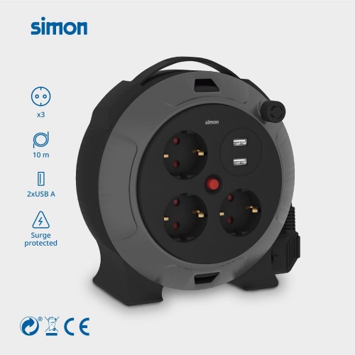 EXTENSIBLE CON USB 10M H05VV-F 3G1.5MM² 3 TOMAS + 2 PUERTOS 16A 250V~ NEGRO/GRIS SIMON