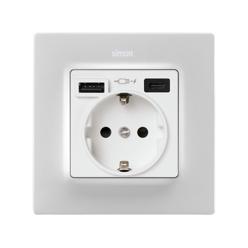 Base de enchufe schuko con doble cargador USB A + C 10,5W Simon 75