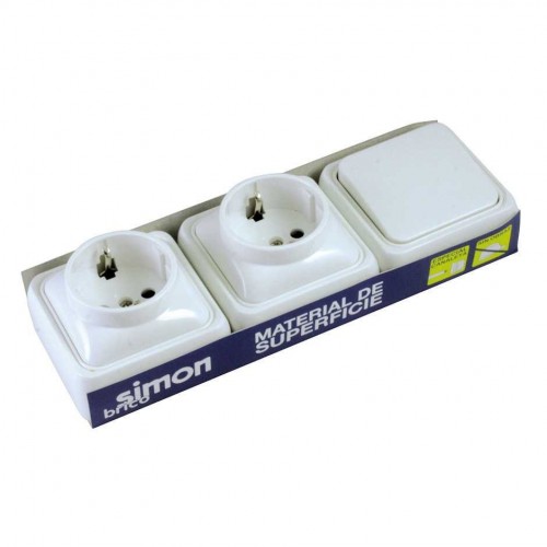PACK 2 BASES ENCHUFE SCHUKO Y 1 CONMUTADOR DE SUPERFÍCIE ESPECIAL CANALETA SERIE ALFA SIMON BRICO
