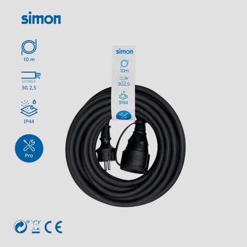 PROLONGADOR PROFESIONAL 10M IP44 H07RN-F 3G2.5MM² 1 TOMA CON TAPA 16A 250V~ NEGRO SIMON