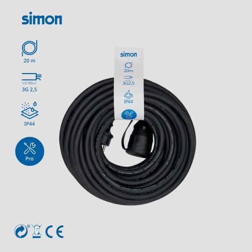 PROLONGADOR PROFESIONAL 20M IP44 H07RN-F 3G2.5MM² 1 TOMA CON TAPA 16A 250V~ NEGRO SIMON