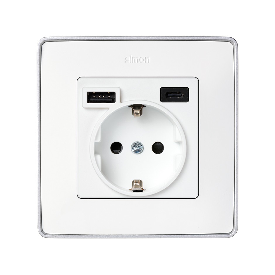 TAPA PARA LA BASE DE ENCHUFE SCHUKO CON 2 CARGADORES USB A + C 10,5W BLANCO SIMON 82