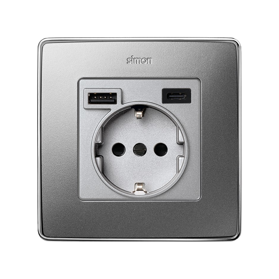 TAPA PARA LA BASE DE ENCHUFE SCHUKO CON 2 CARGADORES USB A + C 10,5W ALUMINIO SIMON 82