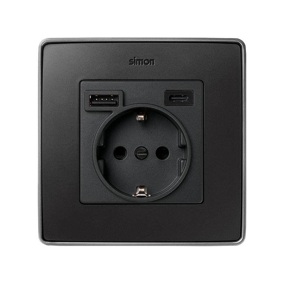 TAPA PARA LA BASE DE ENCHUFE SCHUKO CON 2 CARGADORES USB A + C 10,5W GRAFITO SIMON 82