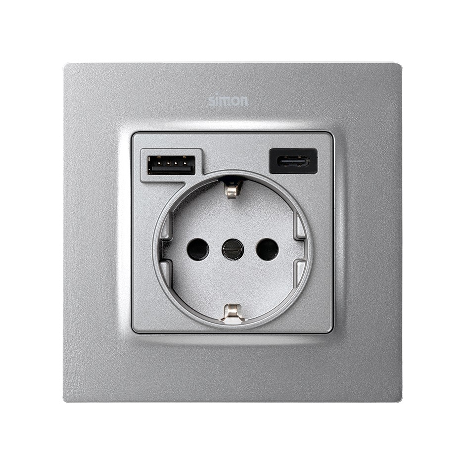 TAPA PARA LA BASE DE ENCHUFE SCHUKO CON 2 CARGADORES USB A + C 10,5W ALUMINIO FRIO SIMON 82